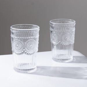 6 Pack Vintage Embossed Glass Tumblers – 13oz Clear Drinking Glasses Textured Floral Pattern for Water, Juice & Cocktails